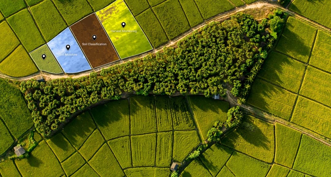 Aerial view of agricultural fields with data overlay showing harvest monitoring, soil classification, and soil moisture analysis