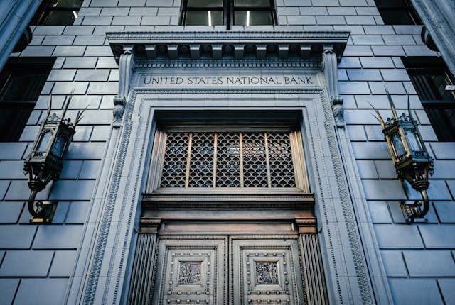 United States National Bank building facade with classical architecture