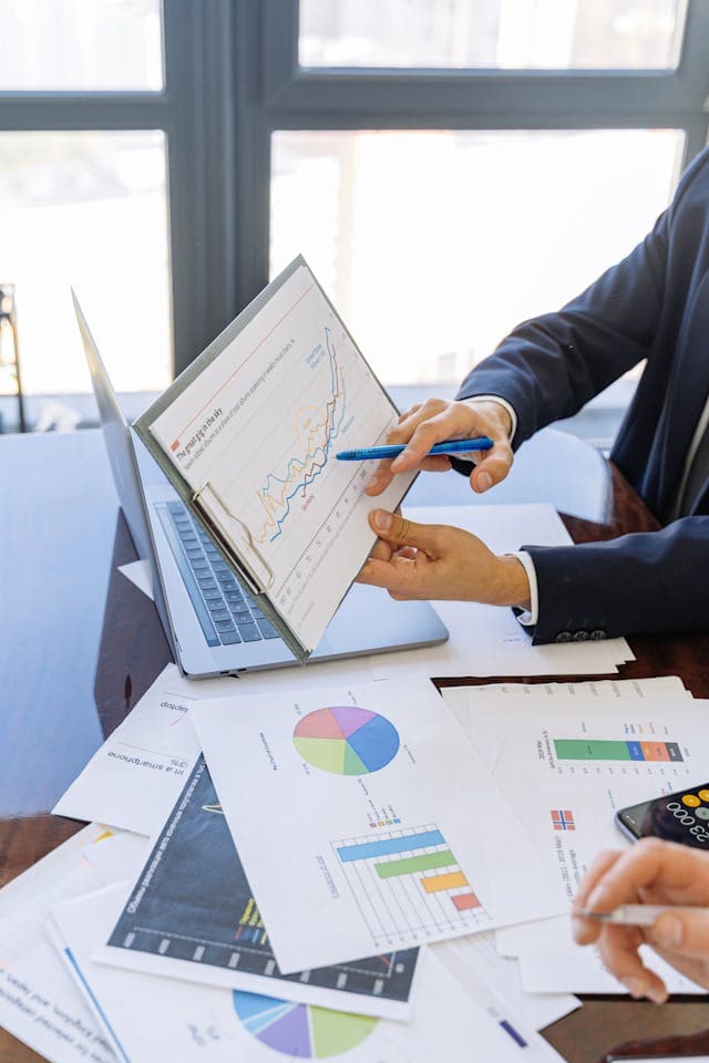 Business professional analyzing financial charts and data on laptop